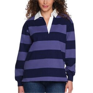 Lands' End Rugby Polo Top Long Sleeve Blue Stripe Large